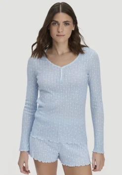 hessnatur Pointelle Henley Schlafshirt PURE COTTON aus reiner Bio-Baumwolle von|Damen Nachtwäsche|Nachtwäsche